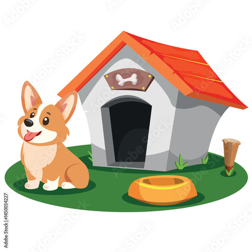 A doghouse and a dog. A cute dog pet house is nearby. Vector drawing on a white background.