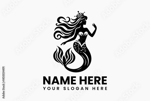 Ornate Art Nouveau mermaid with floral tail, vintage vector logo for spas and luxury beauty brands  