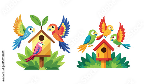 Colorful cartoon birds flying around and perched on wooden birdhouses with green leaves