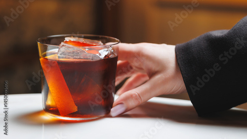 Classic old fashioned cocktail on the bar counter. Without people