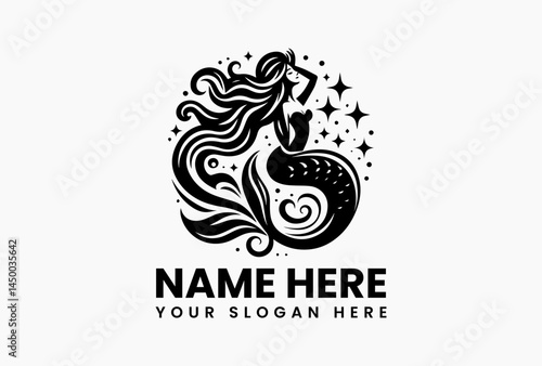 Ornate Art Nouveau mermaid with floral tail, vintage vector logo for spas and luxury beauty brands  