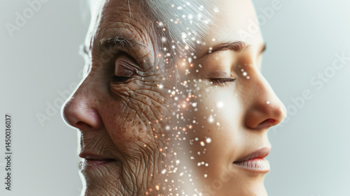 This visuals contrast youth and aging, symbolizing progress in longevity and biopharmaceuticals.