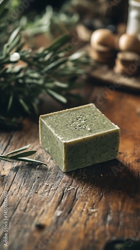 Wallpaper Mural Handmade olive soap bar placed on a wooden table, selective focus Torontodigital.ca