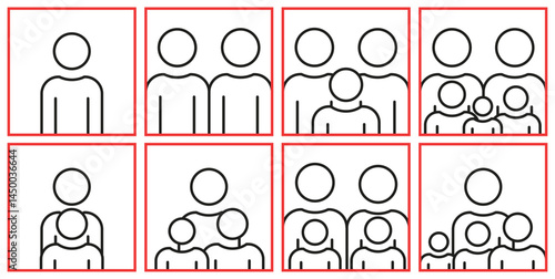Family of several people in thin line. Abstract illustration of several simple family compositions.