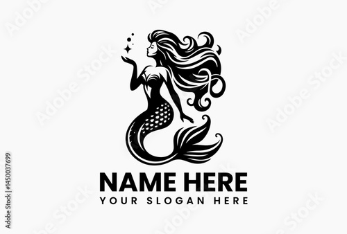 Graceful mermaid silhouette with flowing tail, timeless vector logo for seafood restaurants and beach resorts