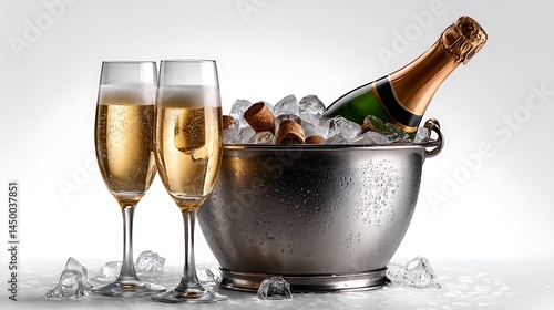 Champagne mockup with ice bucket drink scene bottle and flute isolated on white background for celebration premium toast photography