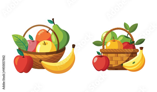 Two wicker baskets filled with fresh apples pears and bananas isolated on white