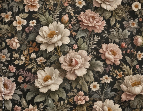 Intricate faux floral wallpaper, reminiscent of antique prints , stock photo, home decor