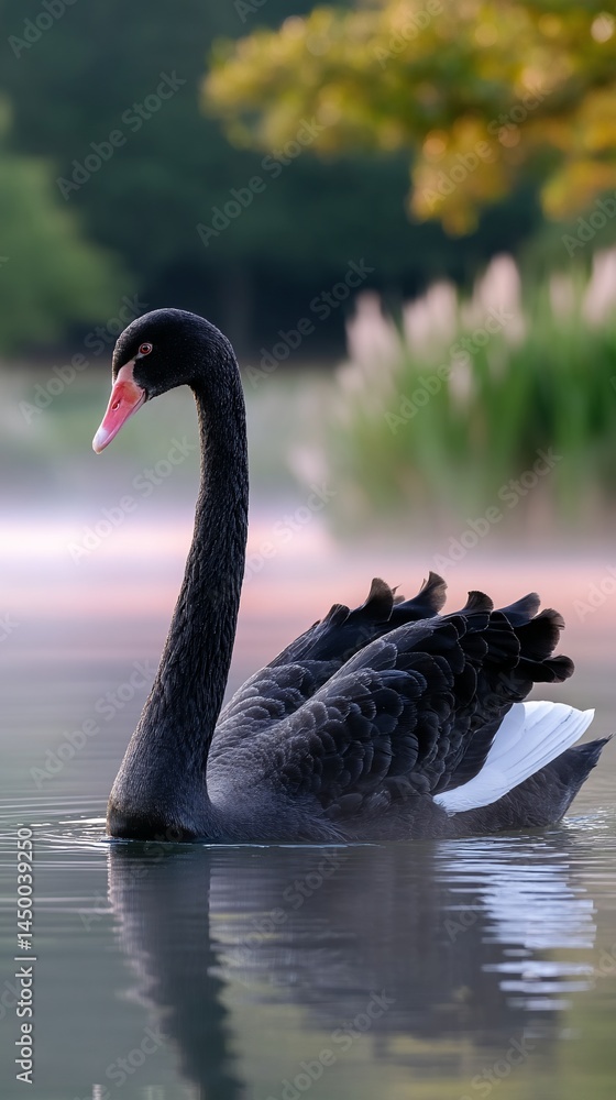 Obraz premium Black swan gracefully gliding on tranquil water