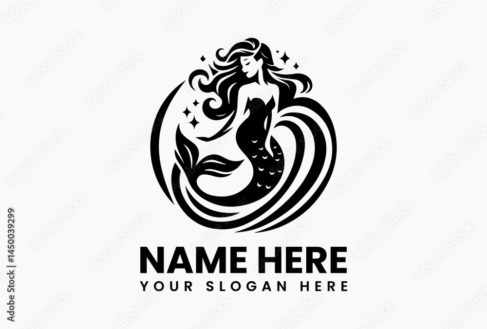 Stylized mermaid silhouette vector logo with curved figure and decorative tail, mythical ocean creature design ideal for nautical, fairytale, and coastal branding
Stylized mermaid silhouette vector logo with curved figure and decorative tail, mythical ocean creature design ideal for nautical, fairytale, and coastal branding
