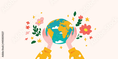 Two hands gently cradling a vibrant, illustrated globe surrounded by delicate flowers.