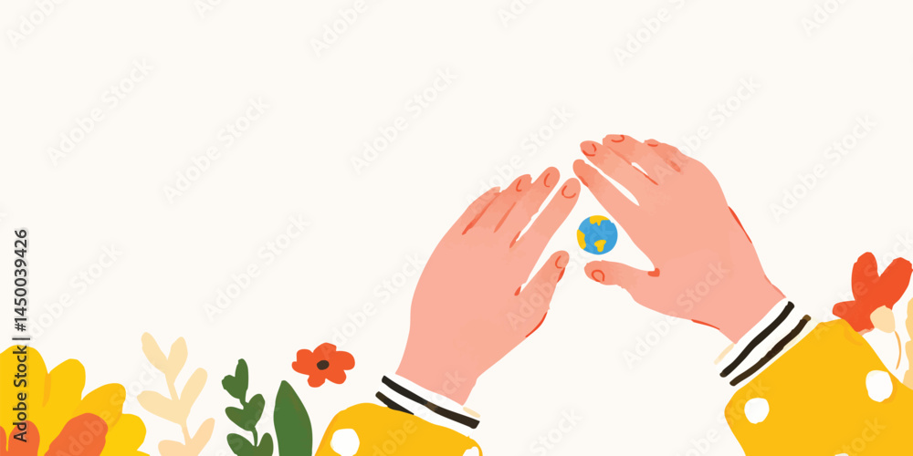 Naklejka premium Two hands tenderly cradle the Earth, surrounded by delicate flora, symbolizing environmental protection and the interconnectedness of life. A vibrant display of care for the planet.