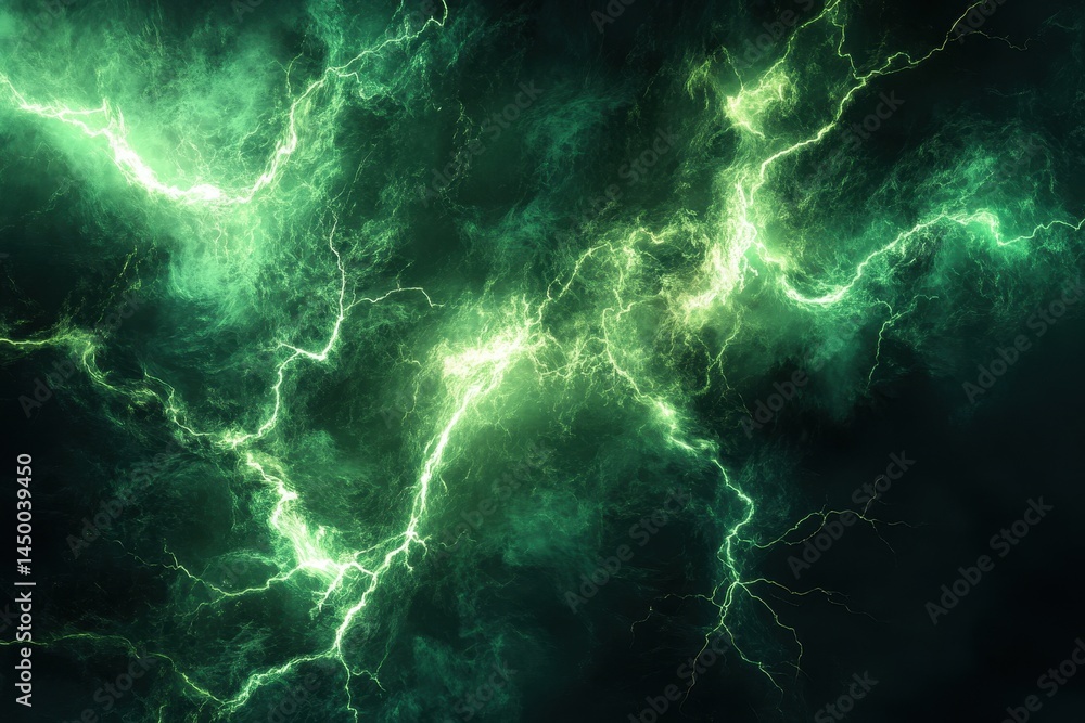 Green lightning strikes illuminate a dark sky during a stormy night, Background of green lightning strikes Green lightning strikes illuminate a dark sky during a stormy night, Background of green lightning strikes