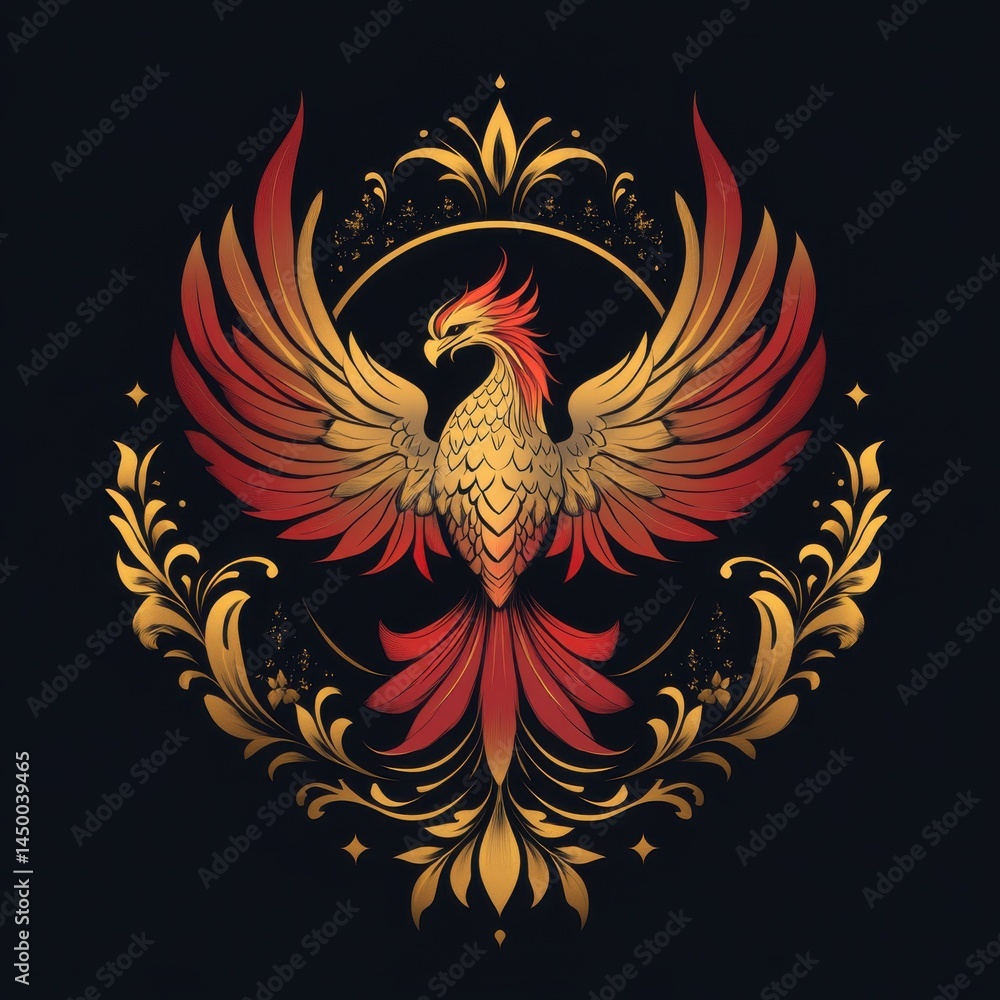 stylized phoenix crest logo for apparel design, bold flames, red and gold contrast, spiritual rebirth symbolism stylized phoenix crest logo for apparel design, bold flames, red and gold contrast, spiritual rebirth symbolism