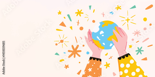 A tender depiction of the Earth held gently in caring hands, surrounded by a scattering of vibrant confetti, evokes themes of global unity, sustainability, and hope.