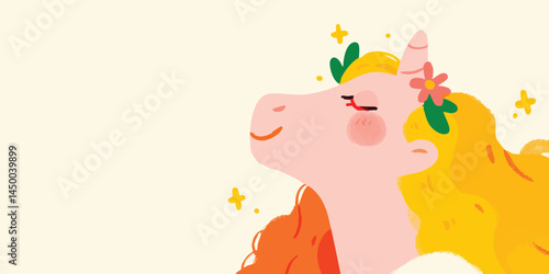 A whimsical unicorn with flowing golden mane and a cheerful smile, adorned with floral elements, exudes a sense of enchantment and fantasy. Capturing the essence of a mythical creature.