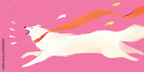 A joyful white dog with a flowing orange scarf runs playfully against a vibrant pink background, capturing a sense of carefree energy and delight.