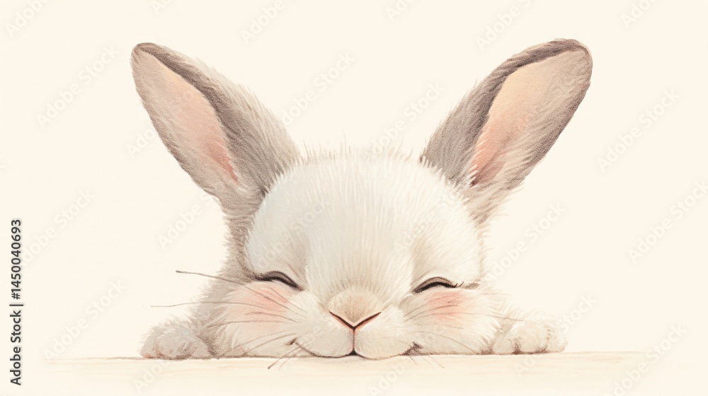 Fototapeta premium A sweet bunny smiles. Ears up, pink cheeks, and a cute expression