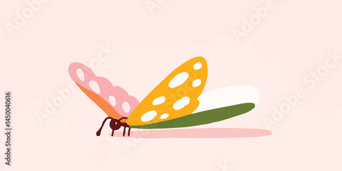 A delicate, whimsical butterfly with multi-colored wings, a captivating illustration on a soft pink background. Its spotted wings evoke a sense of playfulness and charm.