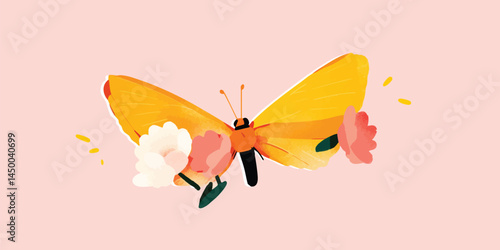 An artistic illustration of a bright yellow butterfly with delicate wings, complemented by vibrant blossoms, and a warm color palette, representing nature's beauty.
