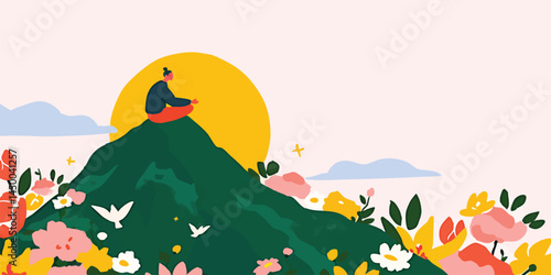 A serene individual finding inner peace and tranquility atop a verdant hill, bathed in the warm glow of the sun.  Embodying balance and harmony with nature and oneself.