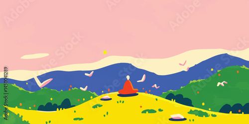 An illustration of a person in meditation, immersed in nature, embodying mindfulness and spiritual growth. This image radiates peace, serenity, and a connection to the natural world.