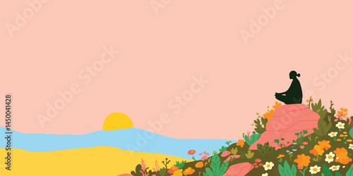 A silhouette of a person meditating on a mountaintop overlooking a serene sunset landscape. The illustration evokes a sense of tranquility and inner peace.