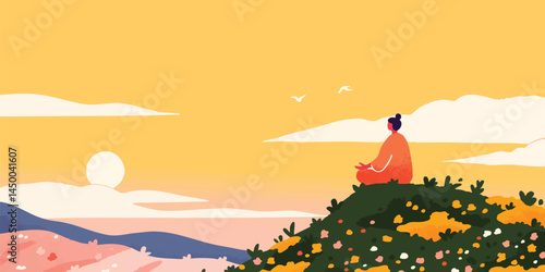 A serene individual finds solace in meditation, perched atop a vibrant hilltop overlooking a breathtaking landscape. Experience the calm, mindful reflection of life.