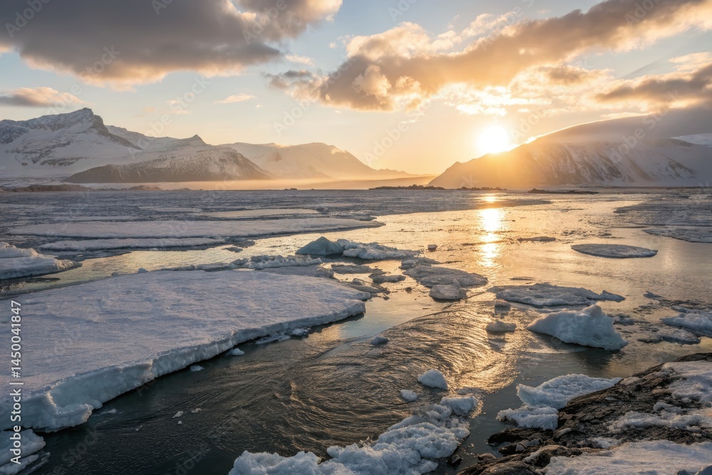 Ice Floes at Sunset in Winter Landscape Ice Floes at Sunset in Winter Landscape