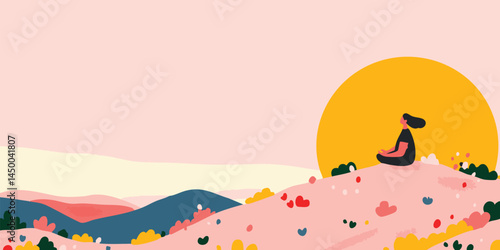 A serene scene shows a person in a peaceful meditation on the hillside, with the sun setting casting warm hues across the landscape.