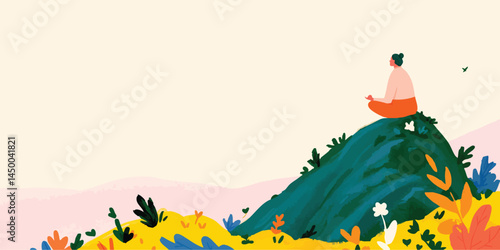 A person sits in serene meditation atop a vibrant hilltop, the peaceful solitude enhanced by the natural landscape and conveying a sense of inner peace and mindfulness.