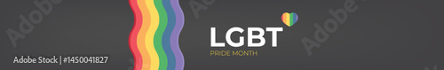 Happy pride month horizontal wide banner with pride color wave ribbon flag isolated on grey background. LGBT Pride month or pride day wide poster, flyer, invitation party card modern style design