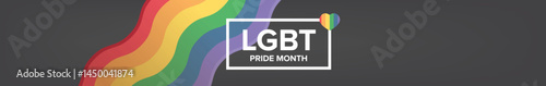 Happy pride month horizontal wide banner with pride color wave ribbon flag isolated on grey background. LGBT Pride month or pride day wide poster, flyer, invitation party card modern style design