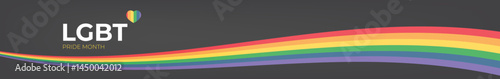 Happy pride month horizontal wide banner with pride color wave ribbon flag isolated on grey background. LGBT Pride month or pride day wide poster, flyer, invitation party card modern style design