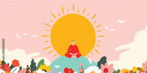 A tranquil illustration captures a serene figure meditating in a blooming garden, bathed in the warmth of a vibrant sunrise. The scene exudes a sense of peace, growth, and new beginnings.