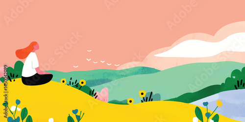 Woman meditating on a hilltop overlooking a serene landscape, feeling the peace and tranquility of nature.