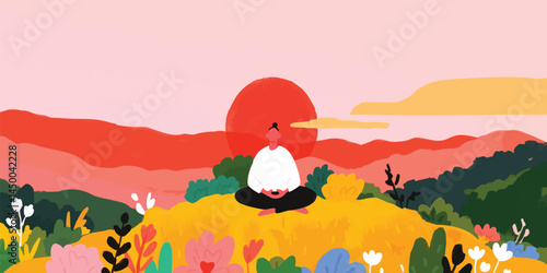 A serene moment of mindful meditation amidst a vibrant landscape. the subject sits in the lotus position, eyes closed, embodying tranquility and inner peace.