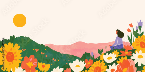 A tranquil woman in the meadow embraces the quiet serenity of nature, surrounded by vibrant blooms and a breathtaking landscape, it's a moment of reflection.