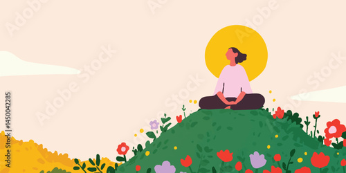 A tranquil moment captured, a person finds serenity, basking in the sun's gentle embrace on a blossoming hillock. The illustration evokes a sense of peace, mindfulness, and connection with nature.