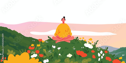 A person finds peace through meditation amidst a vibrant garden with the soft glow of the sky in the background. A captivating artwork of tranquility, serenity and relaxation.