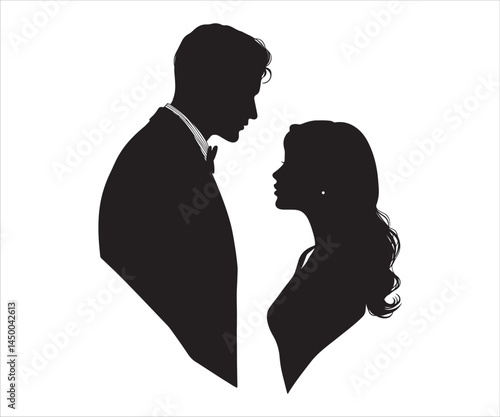 Couple silhouette designs showing head and body. A fashionable black and white collection of the faces and hair of a trendy man and woman.