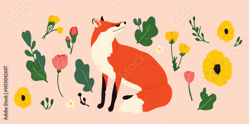 Red fox sitting amidst a bl...