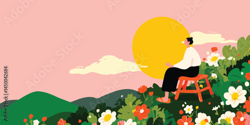 A solitary figure, seated atop a small stool, gazes out at the majestic sunrise over a vibrant, floral landscape, evoking feelings of peaceful contemplation and connection with nature.