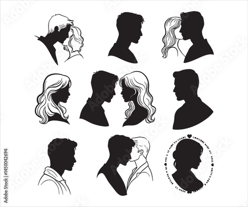 Silhouettes of a couple, including their heads and bodies. A sleek collection in black and white that captures the essence of a stylish man and woman.