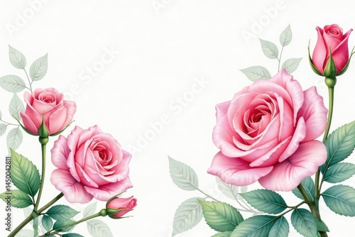 Delicate watercolor roses, leaves, and buds in pastel hues, rose pattern, subtle, flower pattern