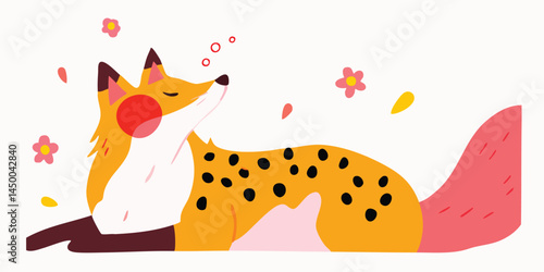 A whimsical illustration of a serene fox basking in the joy of spring, surrounded by blossoming flowers and floating petals.