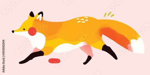 A whimsical fox illustration with a playful orange coat and joyful disposition, leaping forward with carefree abandon. This captivating artwork embodies the charm of the natural world.