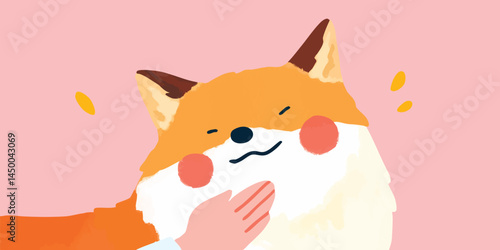 A heartwarming embrace as a person gently caresses a friendly fox against a pink background, painted in a charming and inviting style.