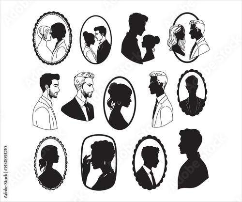 Couple silhouette featuring head and body shapes. A trendy black and white collection showcasing the profiles and hair of a fashionable man and woman.