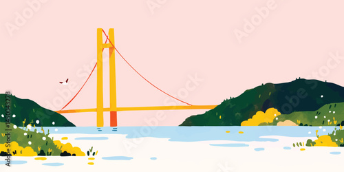 An illustration-style rendering of the iconic Golden Gate Bridge, a celebrated landmark, set against a backdrop of soft pastel hues and serene seascape. Evoking a sense of tranquility.